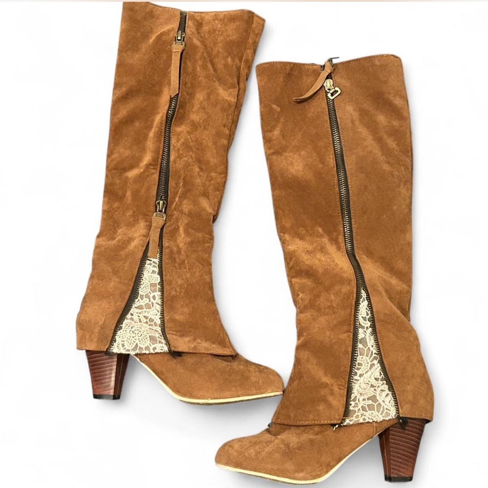 brown suede knee high boots with lace